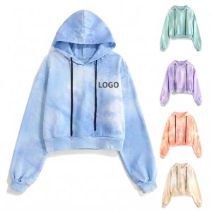 Tie-Dye Cropped Pullover Hoodie with Adjustable Drawstring