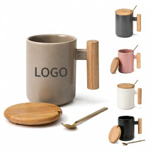 12 oz Ceramic Drinkware Set with Bamboo Lid and Stirring Spoon
