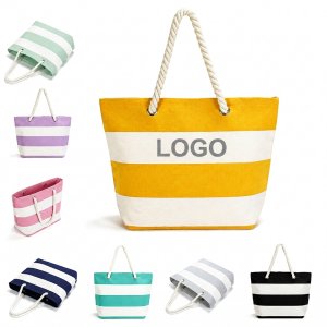 Stripe Pattern Canvas Shopper Tote with Nautical Rope Handles